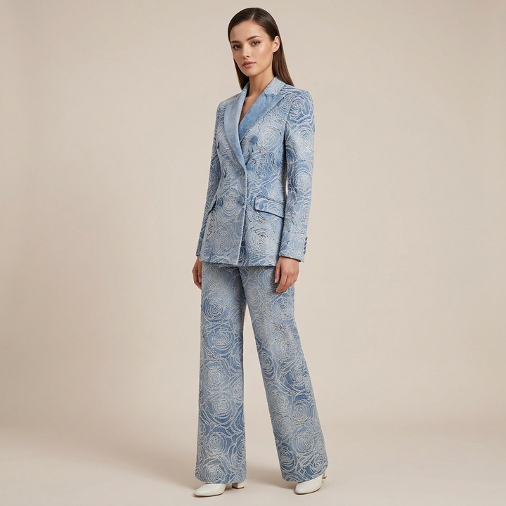 Blue Floral Jacquard Double Breasted Blazer and Wide Leg Pants Set for Executive Elegance Women-Vyana Collective