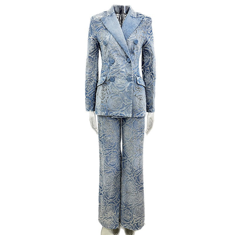 Blue Floral Jacquard Double Breasted Blazer and Wide Leg Pants Set for Executive Elegance Women-Vyana Collective