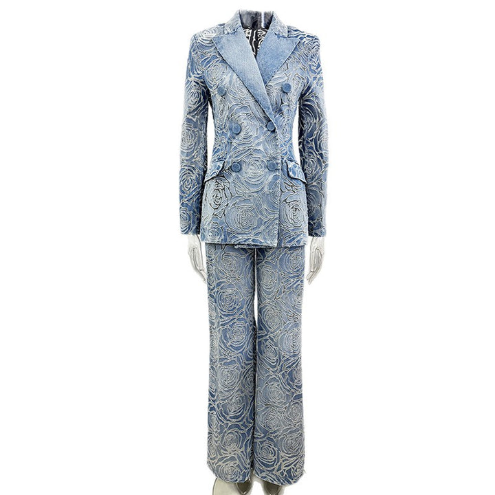 Blue Floral Jacquard Double Breasted Blazer and Wide Leg Pants Set for Executive Elegance Women-Vyana Collective