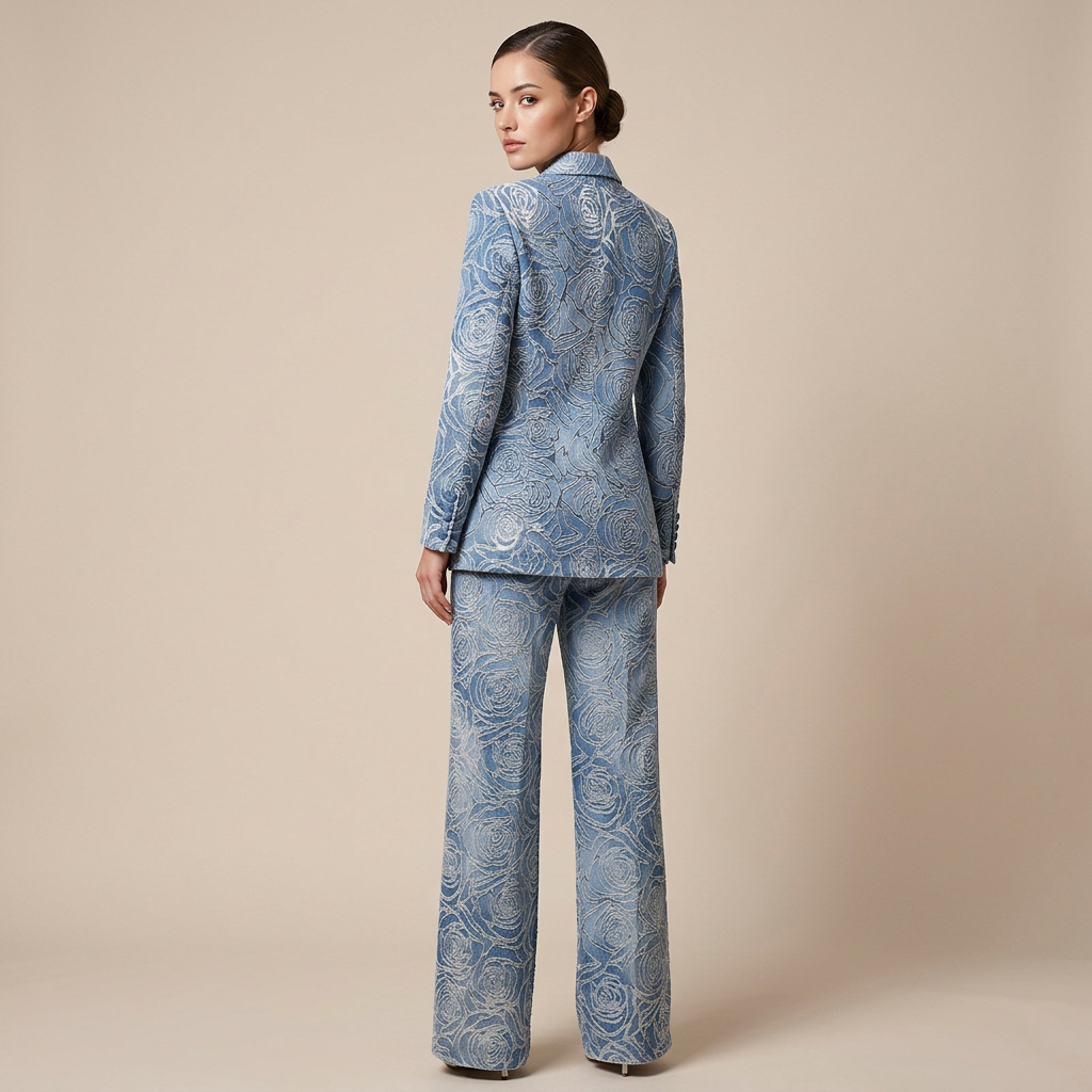 Blue Floral Jacquard Double Breasted Blazer and Wide Leg Pants Set for Executive Elegance Women-Vyana Collective
