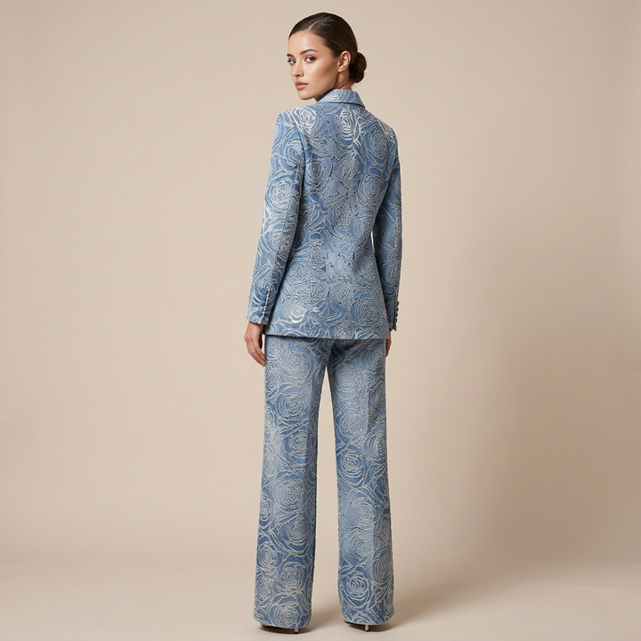Blue Floral Jacquard Double Breasted Blazer and Wide Leg Pants Set for Executive Elegance Women-Vyana Collective