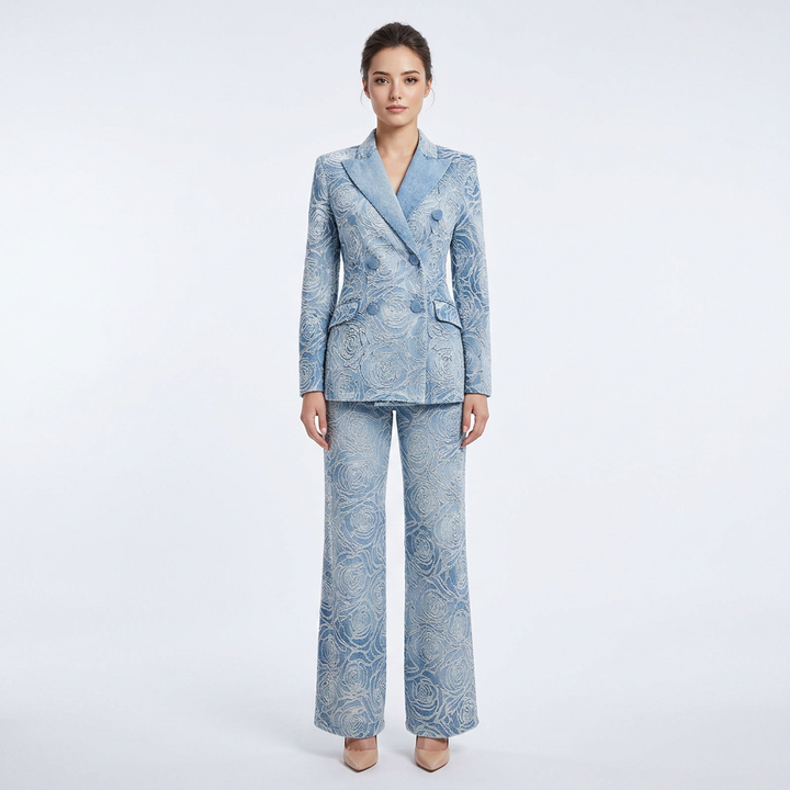 Blue Floral Jacquard Double Breasted Blazer and Wide Leg Pants Set for Executive Elegance Women-Vyana Collective