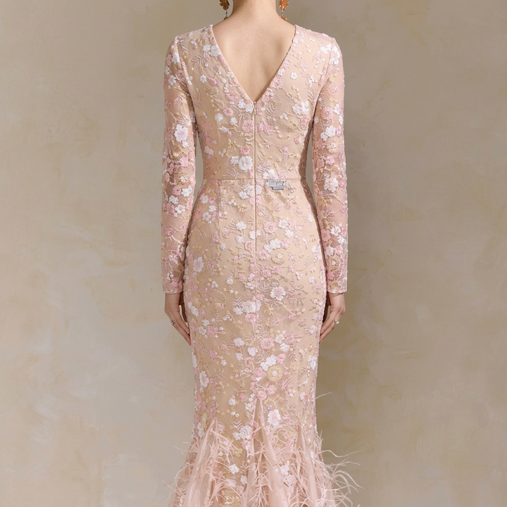 Blush Floral Lace Long-Sleeve Mermaid Gown-Vyana Collective