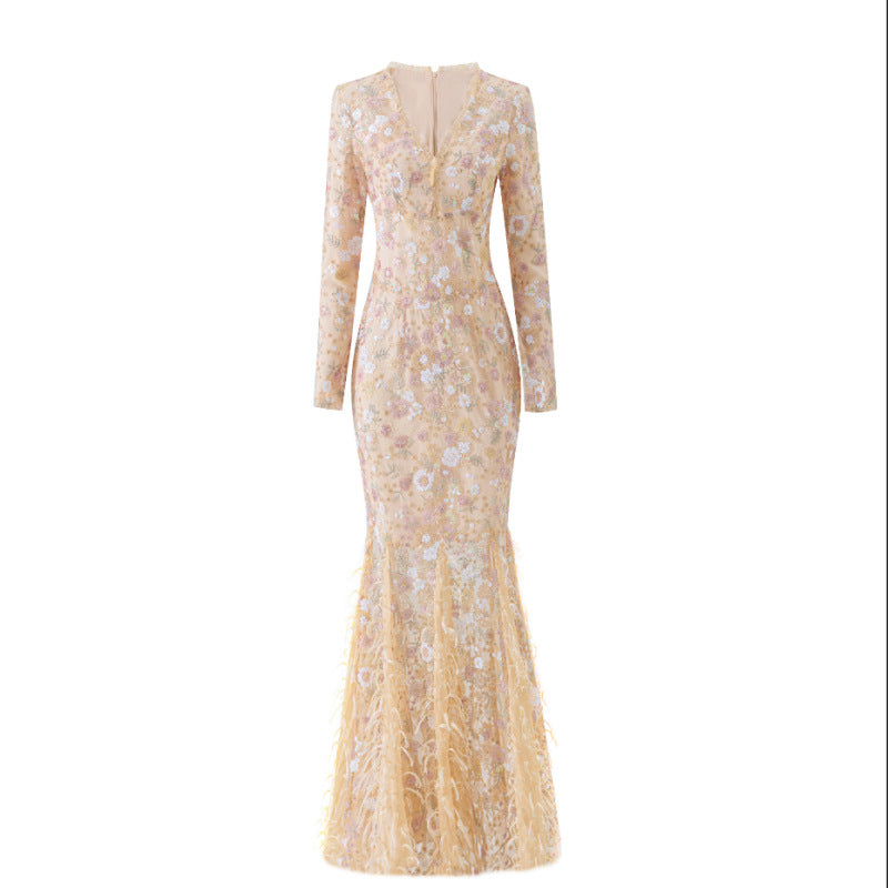 Blush Floral Lace Long-Sleeve Mermaid Gown-Vyana Collective