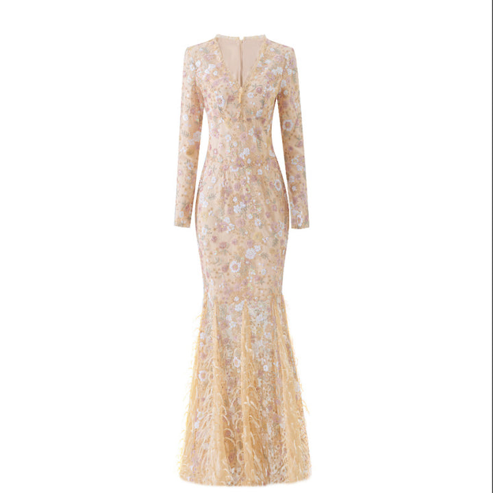 Blush Floral Lace Long-Sleeve Mermaid Gown-Vyana Collective