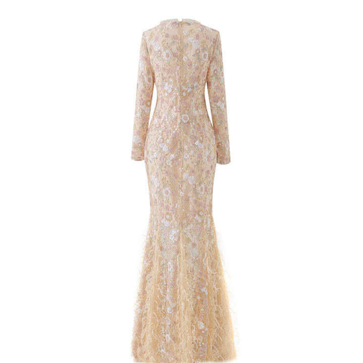 Blush Floral Lace Long-Sleeve Mermaid Gown-Vyana Collective
