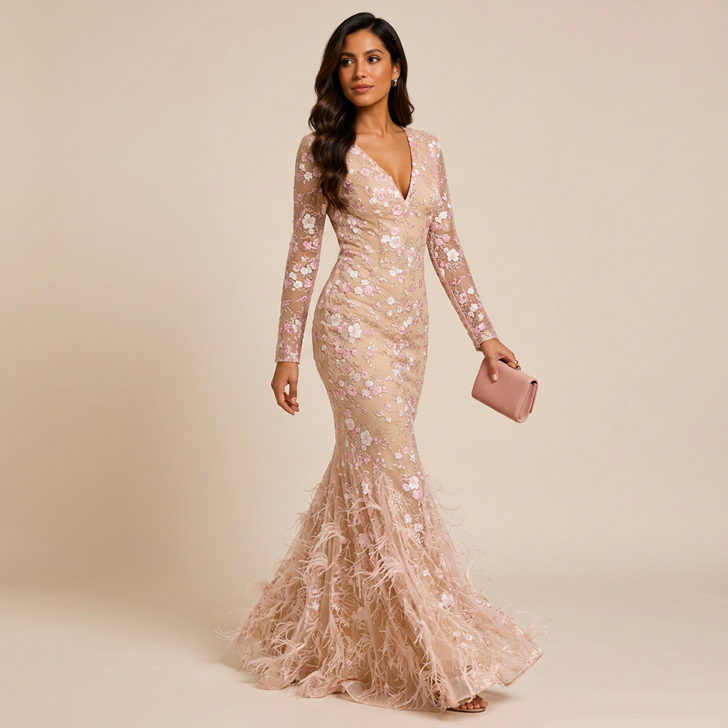 Blush Floral Lace Long-Sleeve Mermaid Gown-Vyana Collective