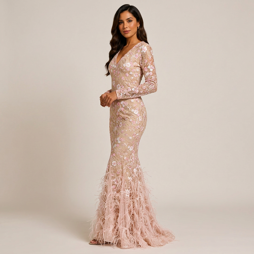 Blush Floral Lace Long-Sleeve Mermaid Gown-Vyana Collective