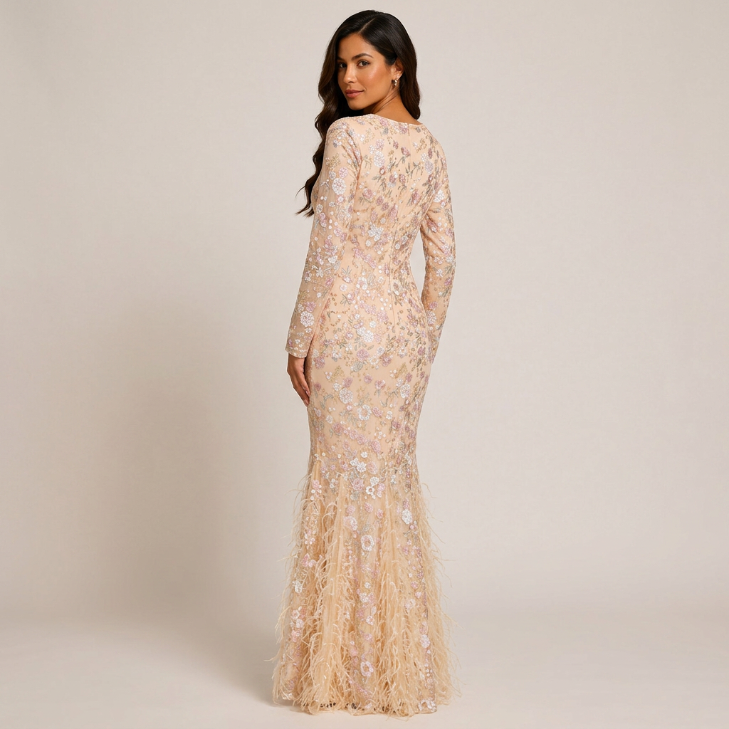Blush Floral Lace Long-Sleeve Mermaid Gown-Vyana Collective