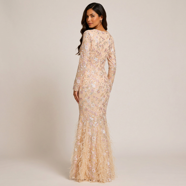 Blush Floral Lace Long-Sleeve Mermaid Gown-Vyana Collective