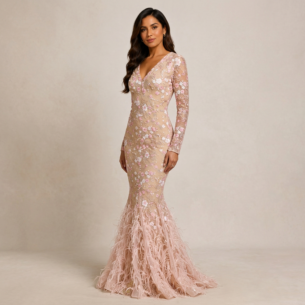 Blush Floral Lace Long-Sleeve Mermaid Gown-Vyana Collective