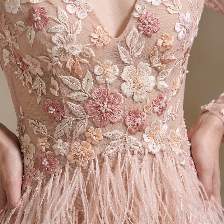 Blush Floral Lace Long-Sleeve Mermaid Gown-Vyana Collective