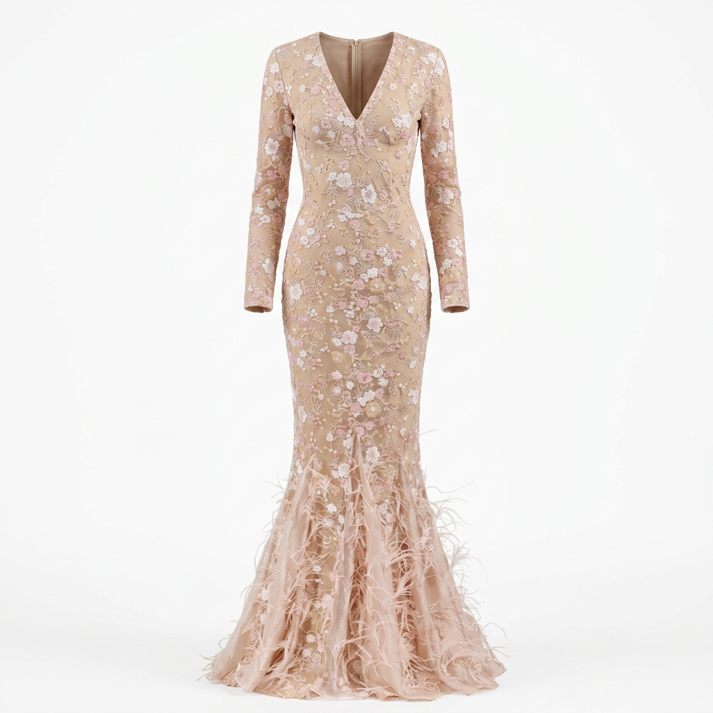 Blush Floral Lace Long-Sleeve Mermaid Gown-Vyana Collective