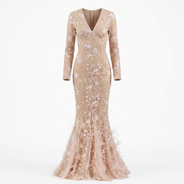 Blush Floral Lace Long-Sleeve Mermaid Gown-Vyana Collective