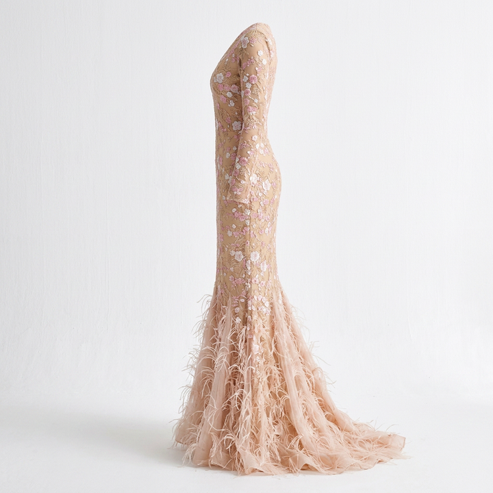 Blush Floral Lace Long-Sleeve Mermaid Gown-Vyana Collective