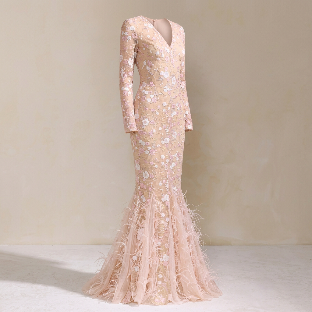 Blush Floral Lace Long-Sleeve Mermaid Gown-Vyana Collective