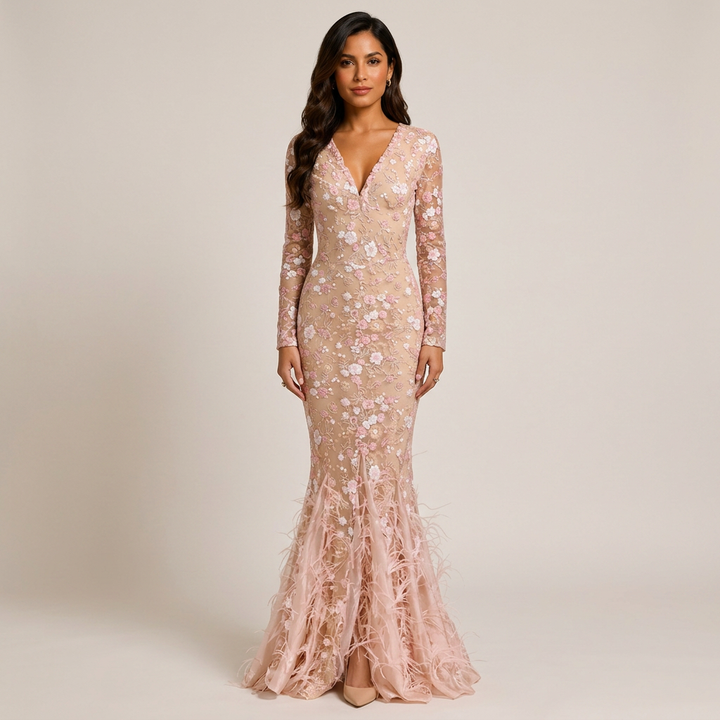 Blush Floral Lace Long-Sleeve Mermaid Gown-Vyana Collective