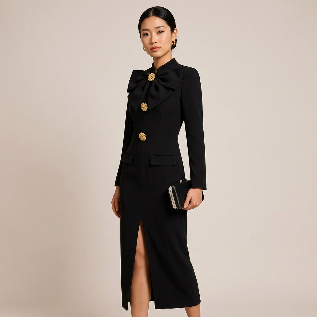 Bow Detail Long Sleeve Midi Dress for Friday Night Vibes and Elegant Evening Events Women-Vyana Collective