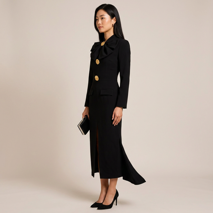 Bow Detail Long Sleeve Midi Dress for Friday Night Vibes and Elegant Evening Events Women-Vyana Collective