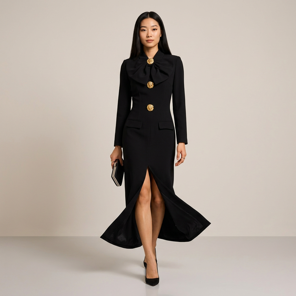 Bow Detail Long Sleeve Midi Dress for Friday Night Vibes and Elegant Evening Events Women-Vyana Collective