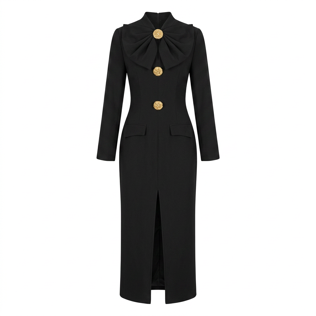 Bow Detail Long Sleeve Midi Dress for Friday Night Vibes and Elegant Evening Events Women-Vyana Collective