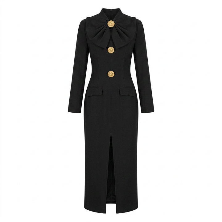 Bow Detail Long Sleeve Midi Dress for Friday Night Vibes and Elegant Evening Events Women-Vyana Collective
