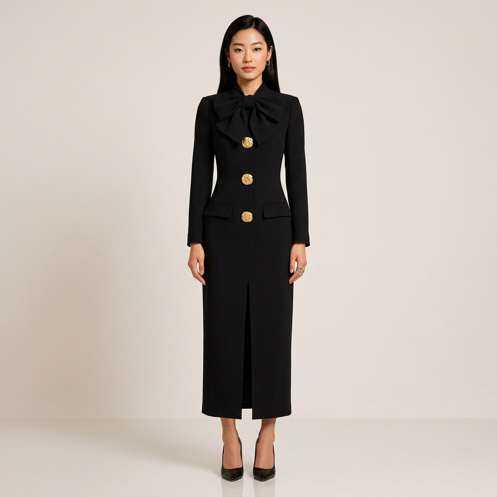 Bow Detail Long Sleeve Midi Dress for Friday Night Vibes and Elegant Evening Events Women-Vyana Collective