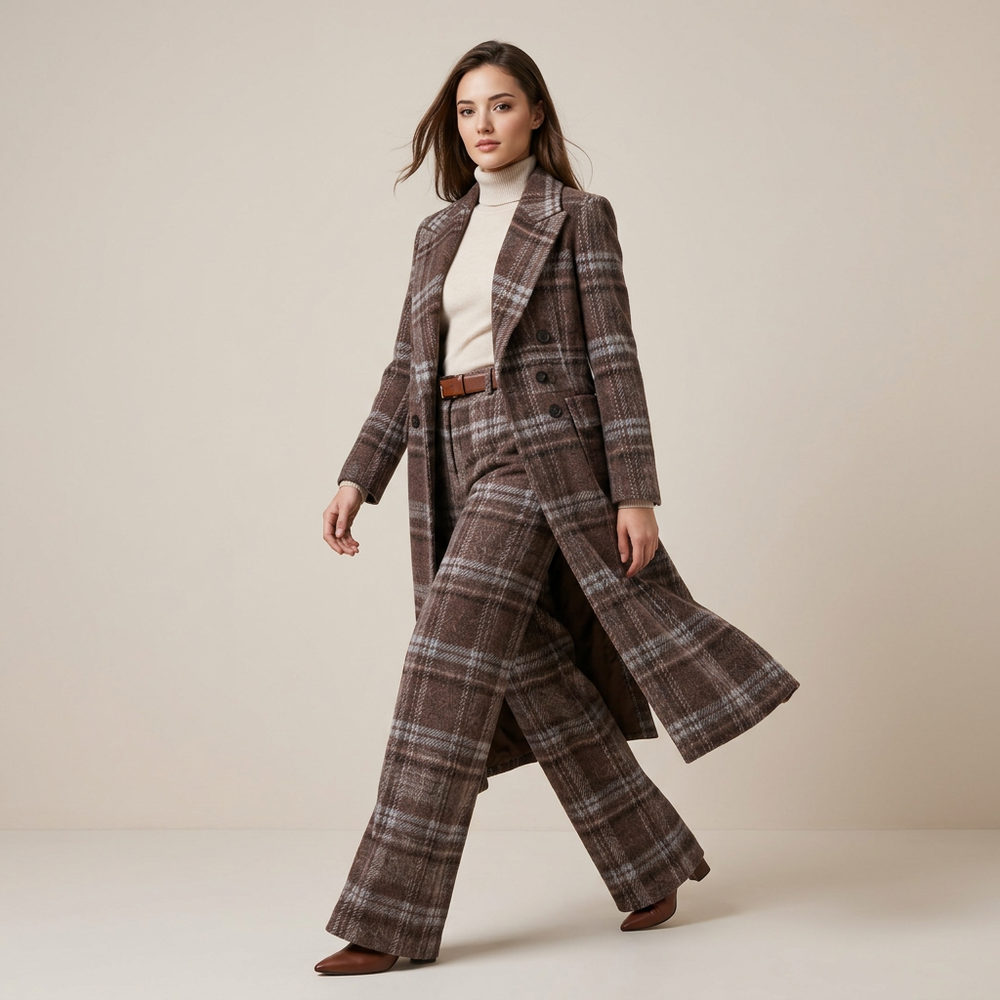 Brown Plaid Wool-Blend Long Coat & Wide-Leg Pants Set-Vyana Collective