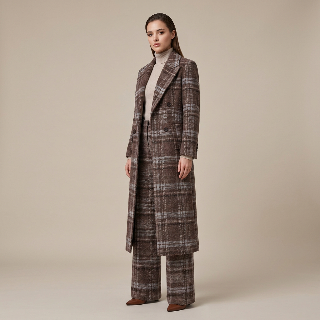 Brown Plaid Wool-Blend Long Coat &amp; Wide-Leg Pants Set-Vyana Collective