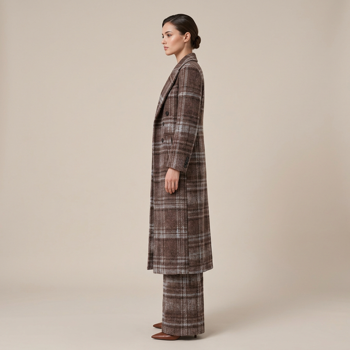 Brown Plaid Wool-Blend Long Coat &amp; Wide-Leg Pants Set-Vyana Collective