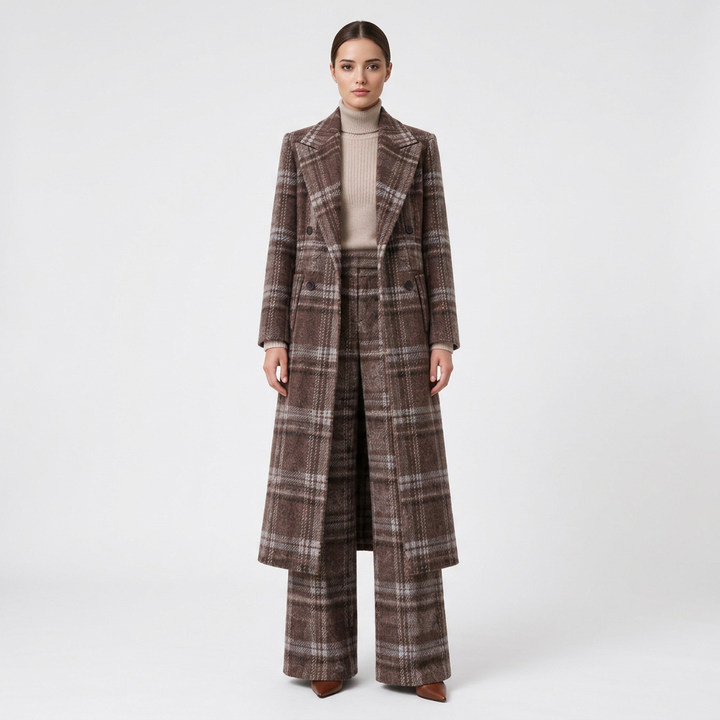 Brown Plaid Wool-Blend Long Coat &amp; Wide-Leg Pants Set-Vyana Collective