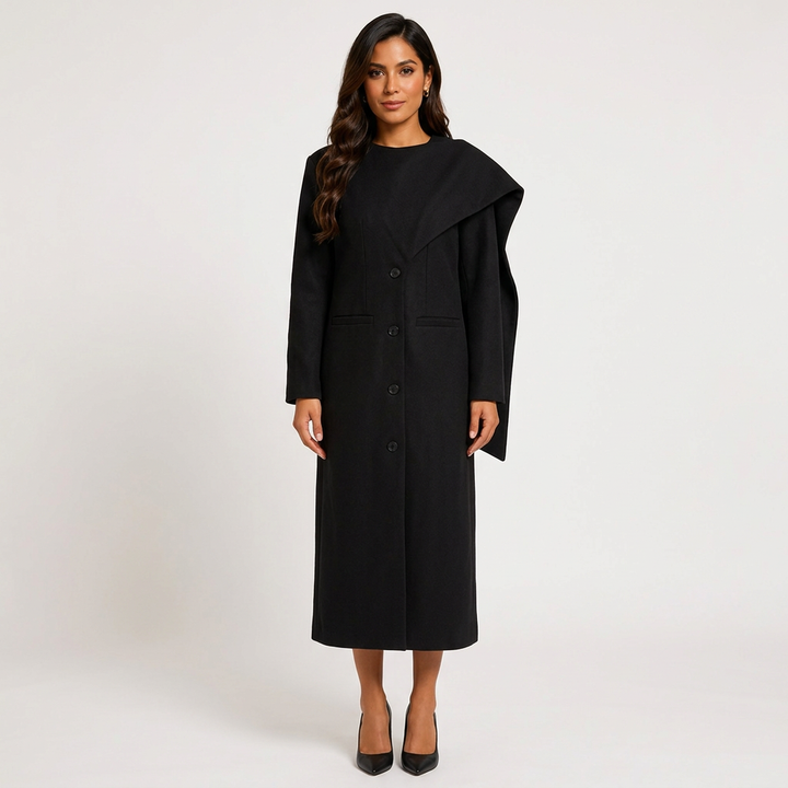 Burgundy Asymmetric Draped High-Neck Maxi Blazer Coat-Vyana Collective