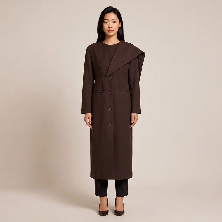 Burgundy Asymmetric Draped High-Neck Maxi Blazer Coat-Vyana Collective