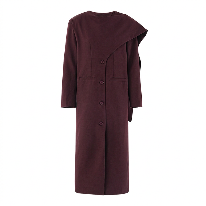 Burgundy Asymmetric Draped High-Neck Maxi Blazer Coat-Vyana Collective