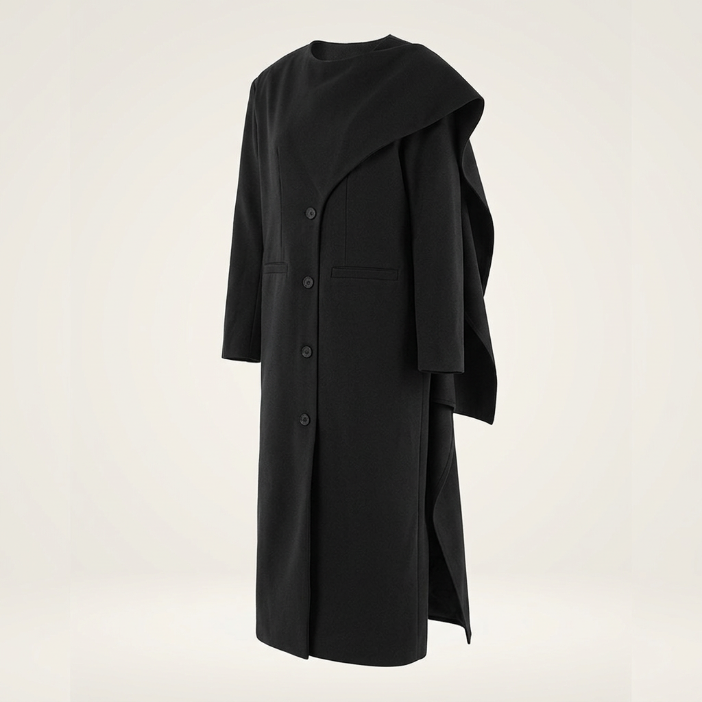 Burgundy Asymmetric Draped High-Neck Maxi Blazer Coat-Vyana Collective
