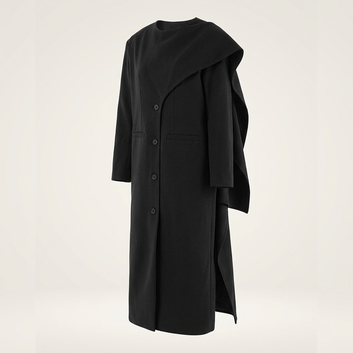 Burgundy Asymmetric Draped High-Neck Maxi Blazer Coat-Vyana Collective