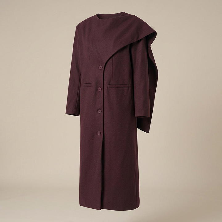 Burgundy Asymmetric Draped High-Neck Maxi Blazer Coat-Vyana Collective