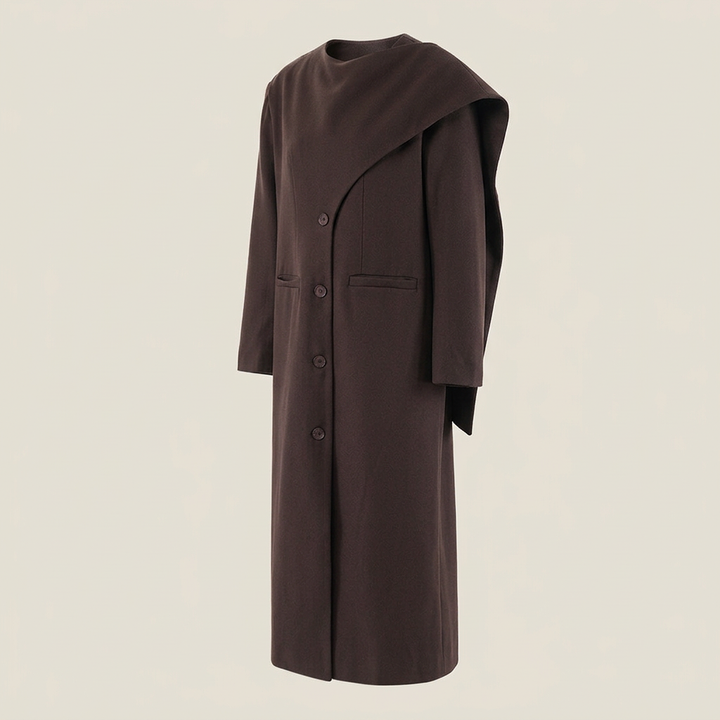 Burgundy Asymmetric Draped High-Neck Maxi Blazer Coat-Vyana Collective