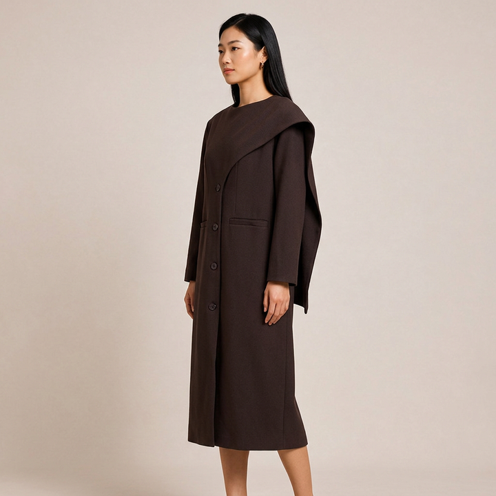 Burgundy Asymmetric Draped High-Neck Maxi Blazer Coat-Vyana Collective