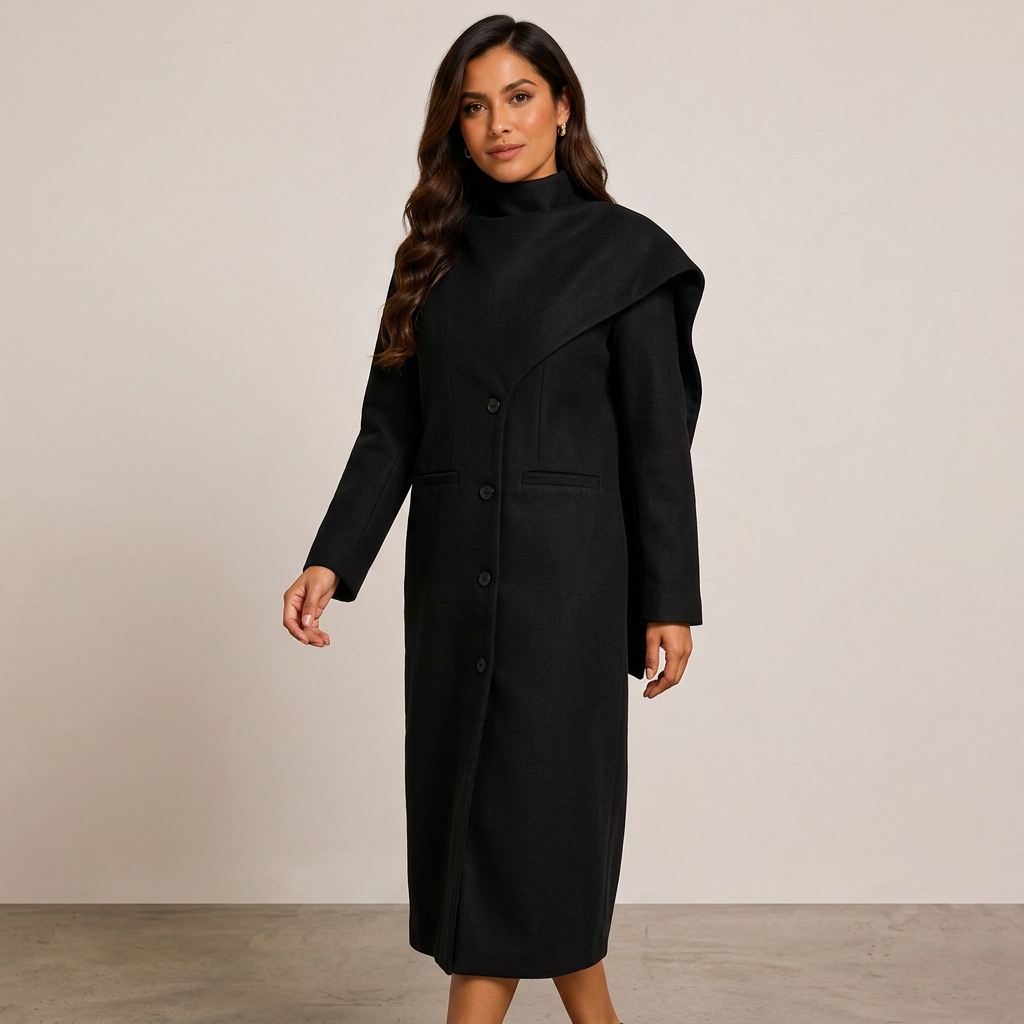 Burgundy Asymmetric Draped High-Neck Maxi Blazer Coat-Vyana Collective