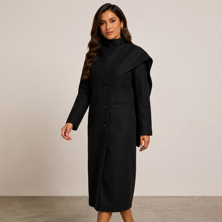 Burgundy Asymmetric Draped High-Neck Maxi Blazer Coat-Vyana Collective