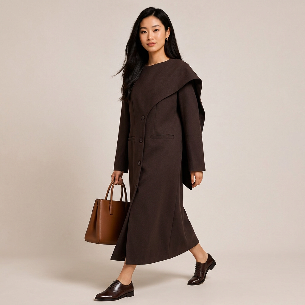 Burgundy Asymmetric Draped High-Neck Maxi Blazer Coat-Vyana Collective