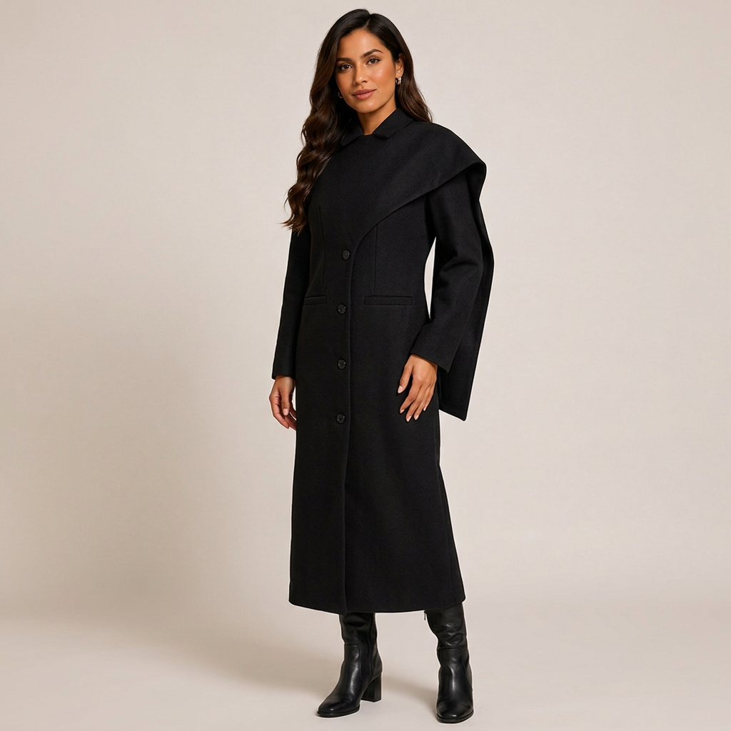 Burgundy Asymmetric Draped High-Neck Maxi Blazer Coat-Vyana Collective
