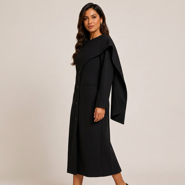Burgundy Asymmetric Draped High-Neck Maxi Blazer Coat-Vyana Collective