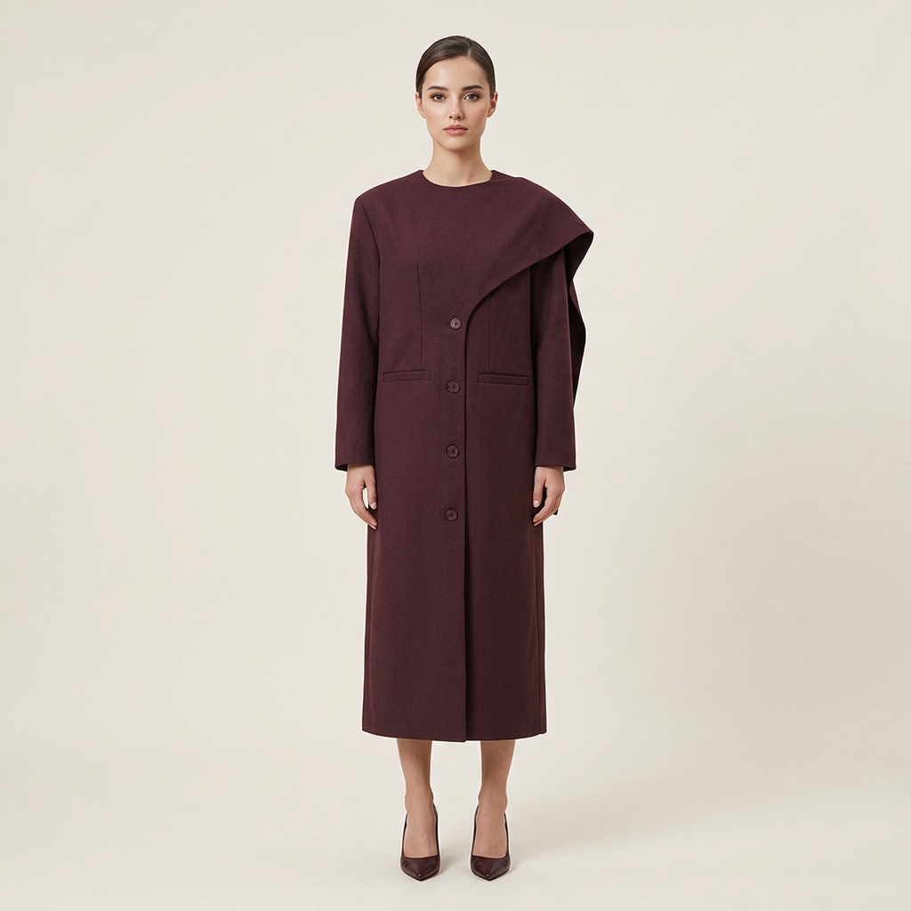 Burgundy Asymmetric Draped High-Neck Maxi Blazer Coat-Vyana Collective