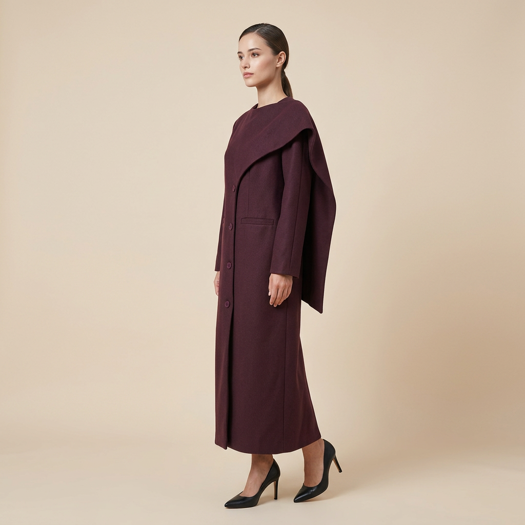 Burgundy Asymmetric Draped High-Neck Maxi Blazer Coat-Vyana Collective