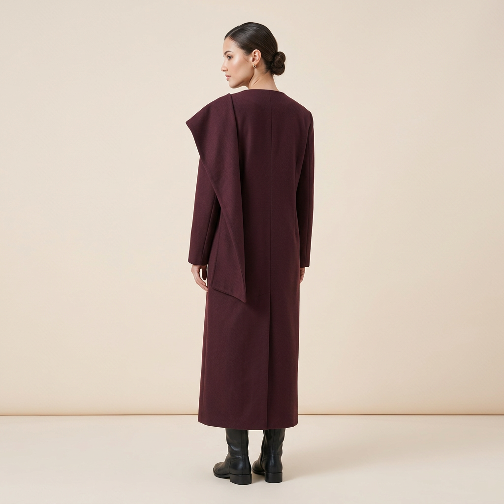 Burgundy Asymmetric Draped High-Neck Maxi Blazer Coat-Vyana Collective