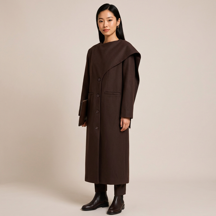 Burgundy Asymmetric Draped High-Neck Maxi Blazer Coat-Vyana Collective