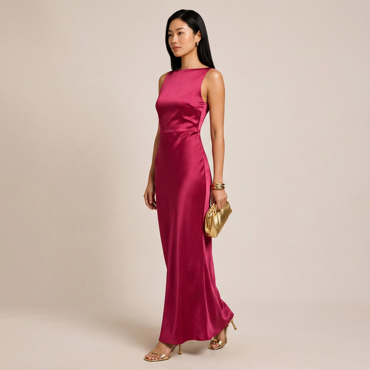Burgundy Backless Satin Maxi Evening Dress for Weddings, Formal Events & Cocktail Parties for Women-Vyana Collective