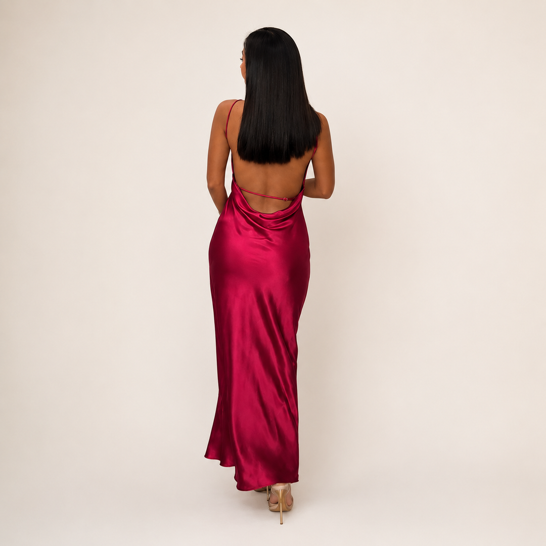 Burgundy Backless Satin Maxi Evening Dress for Weddings, Formal Events & Cocktail Parties for Women-Vyana Collective